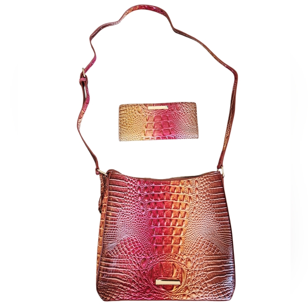 Ombre Alligator Crossbody Bag and Wallet - Pink/Gold